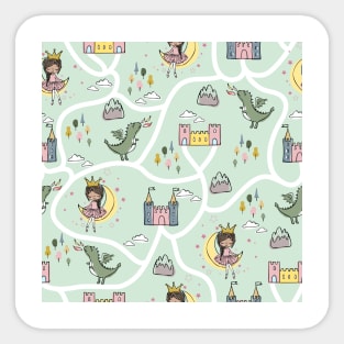 Childish seamless pattern with princess and dragon green background Sticker